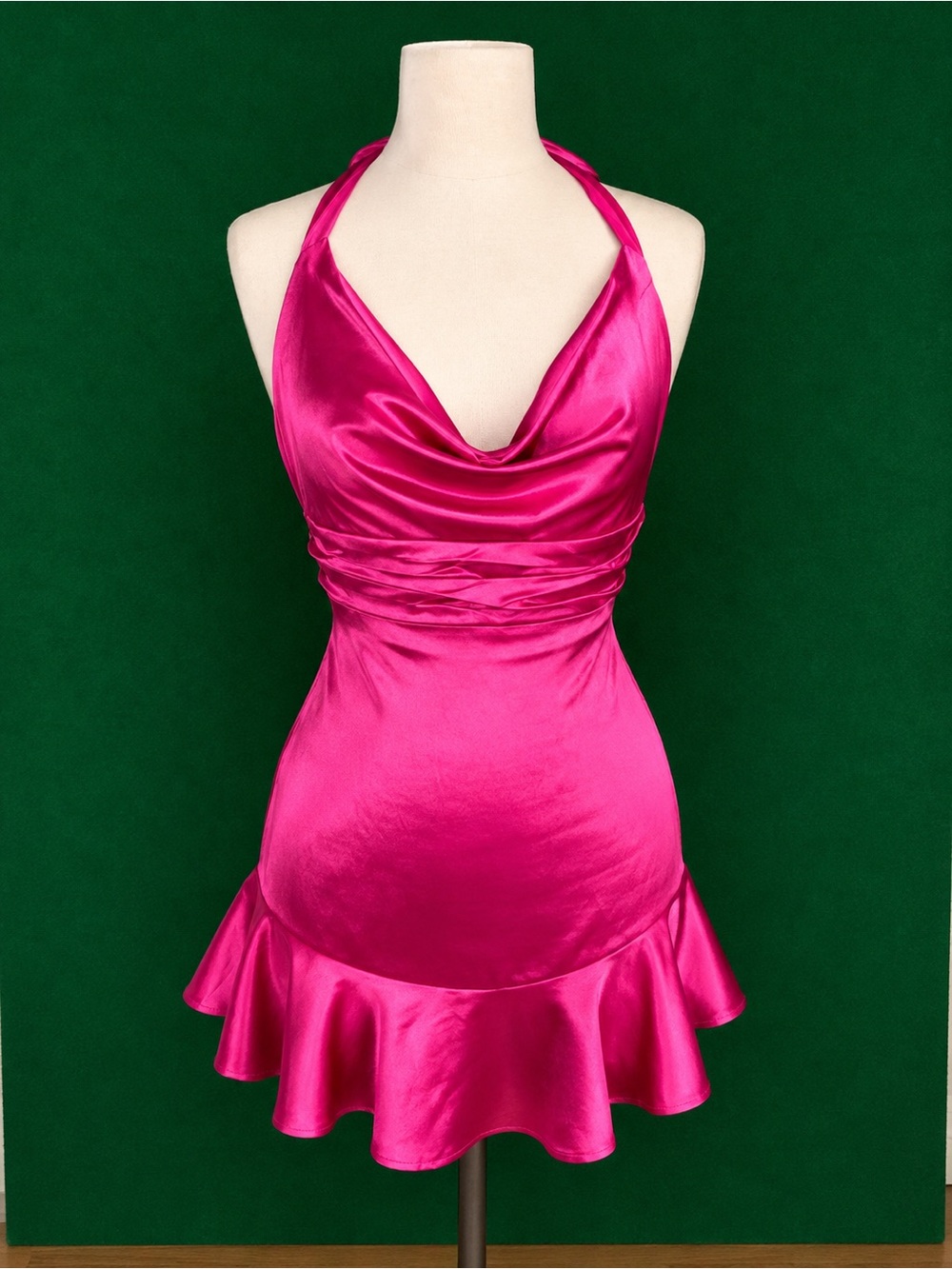 Satin Halter Mini Dress in Vibrant Fuchsia